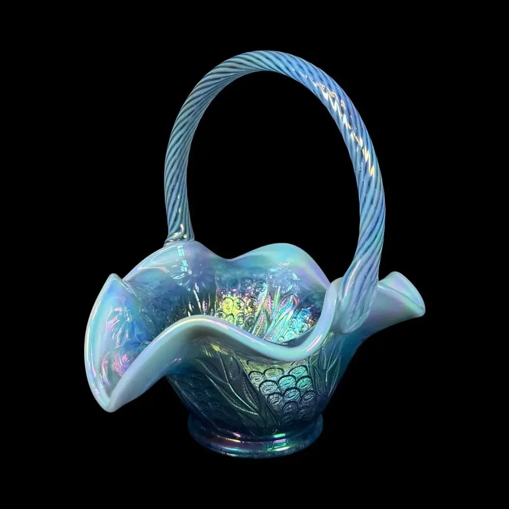 Fenton Iridescent Blue Carnaval Glass Basket h8